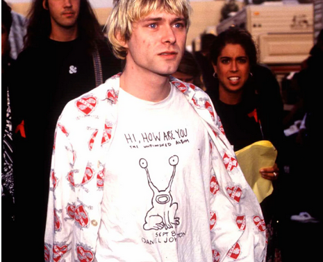 Kurt Cobain in a Hi, How Are You t-shirt