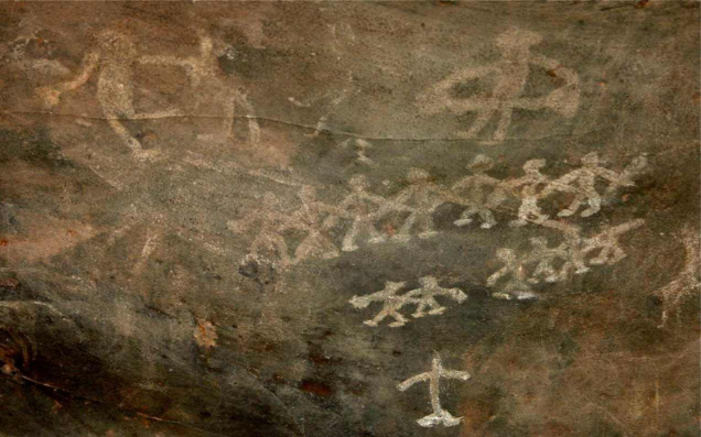 dancers of Bhimbetka
Photo: By Nandanupadhyay (Own work) [CC BY-SA 3.0 ], via Wikimedia Commons